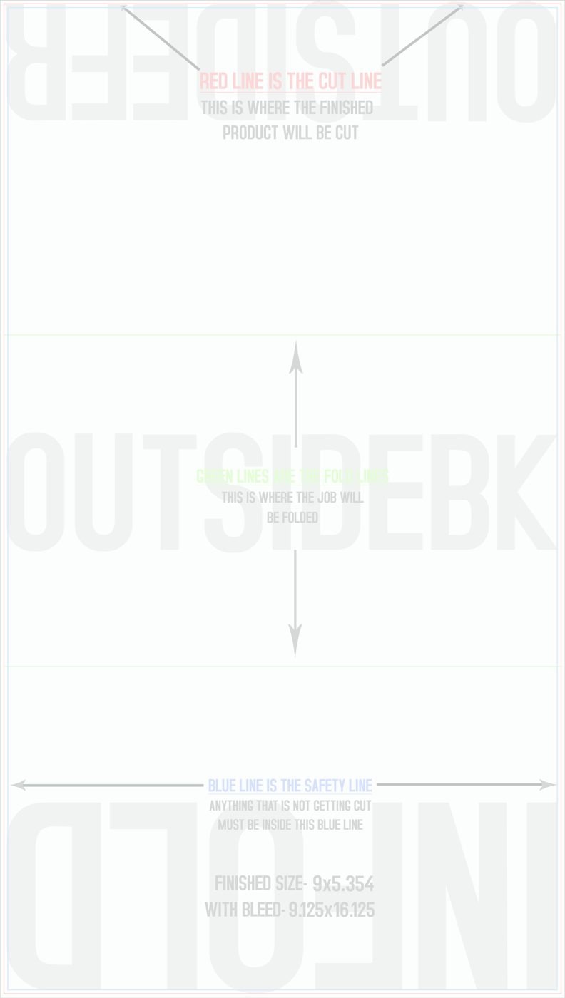 Flyers & Brochures 9" x 16" Tri Fold Front/Outside (Vertical) trim, safety and fold template guide
