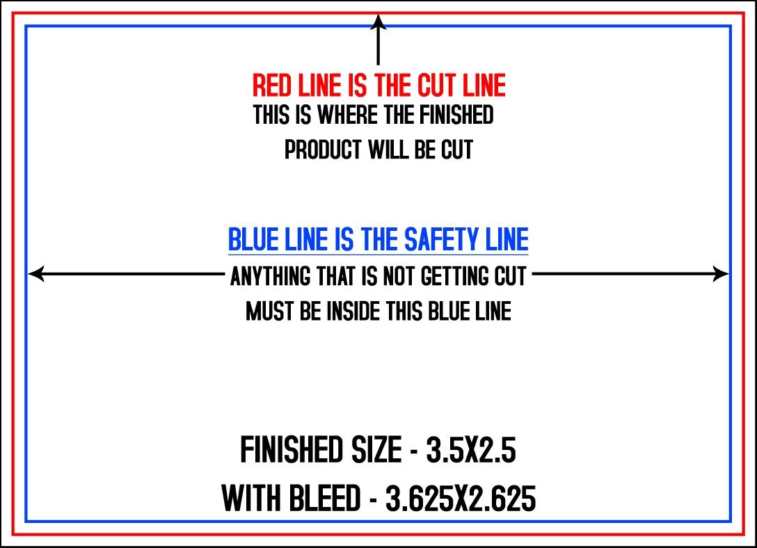 Postcards 2.5" x 3.5" Horizontal trim, safety and fold template guide