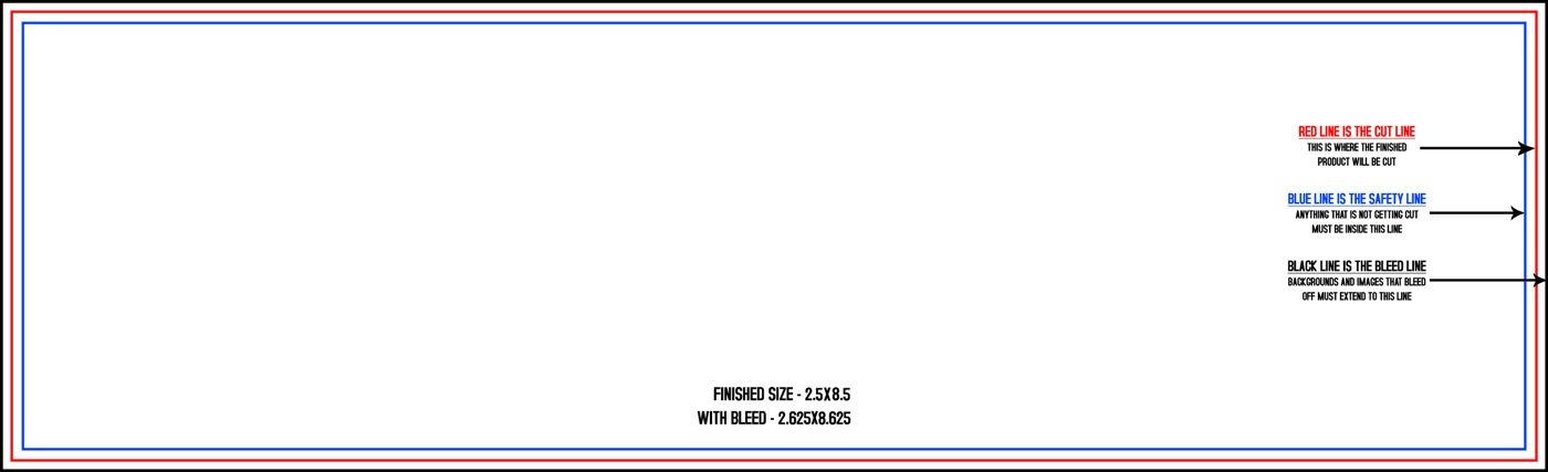 Postcards 2.5" x 8.5" Horizontal trim, safety and fold template guide