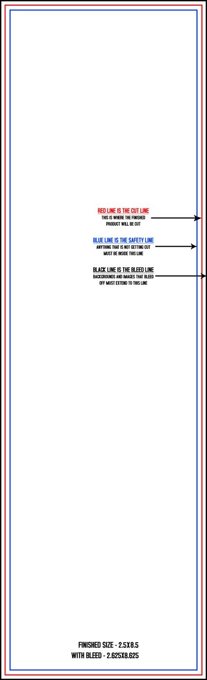 Postcards 2.5" x 8.5" Vertical trim, safety and fold template guide
