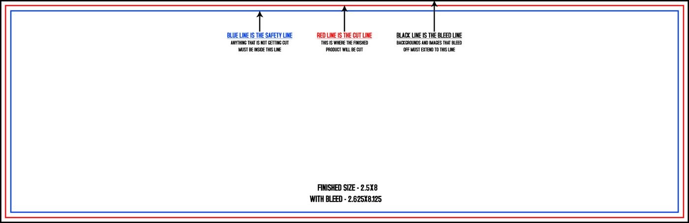 Postcards 2.5" x 8" Horizontal trim, safety and fold template guide