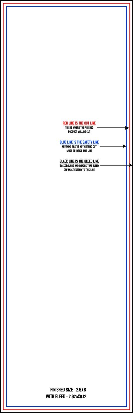Postcards 2.5" x 8" Vertical trim, safety and fold template guide