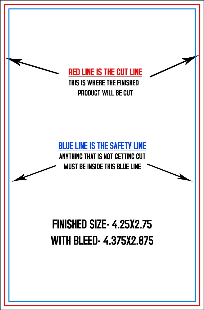Postcards 2.75" x 4.25" Vertical trim, safety and fold template guide