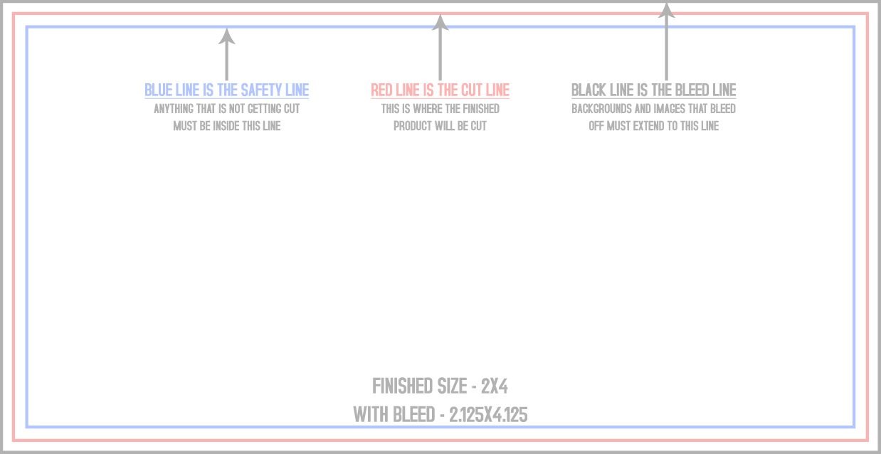 Postcards 2" x 4" Horizontal trim, safety and fold template guide