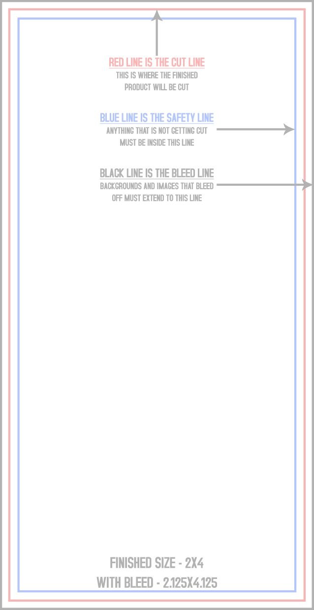 Postcards 2" x 4" Vertical trim, safety and fold template guide