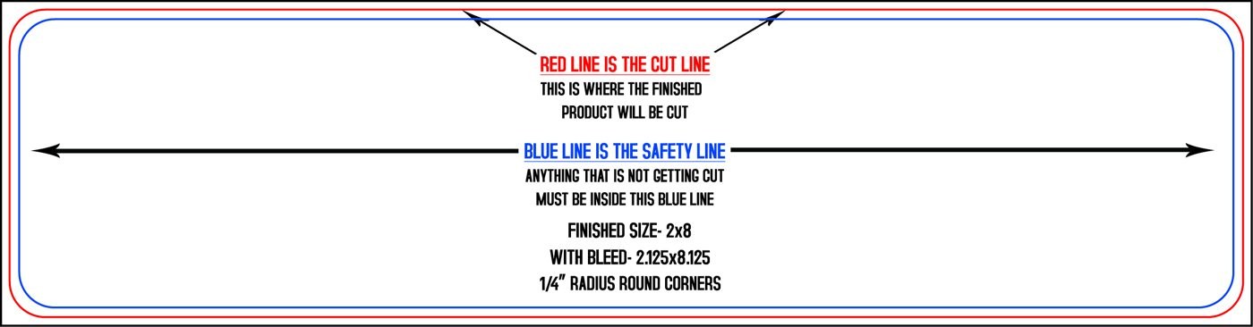 Postcards 2" x 8" 1/4" Radius - (4) Round Corners (Horizontal) trim, safety and fold template guide