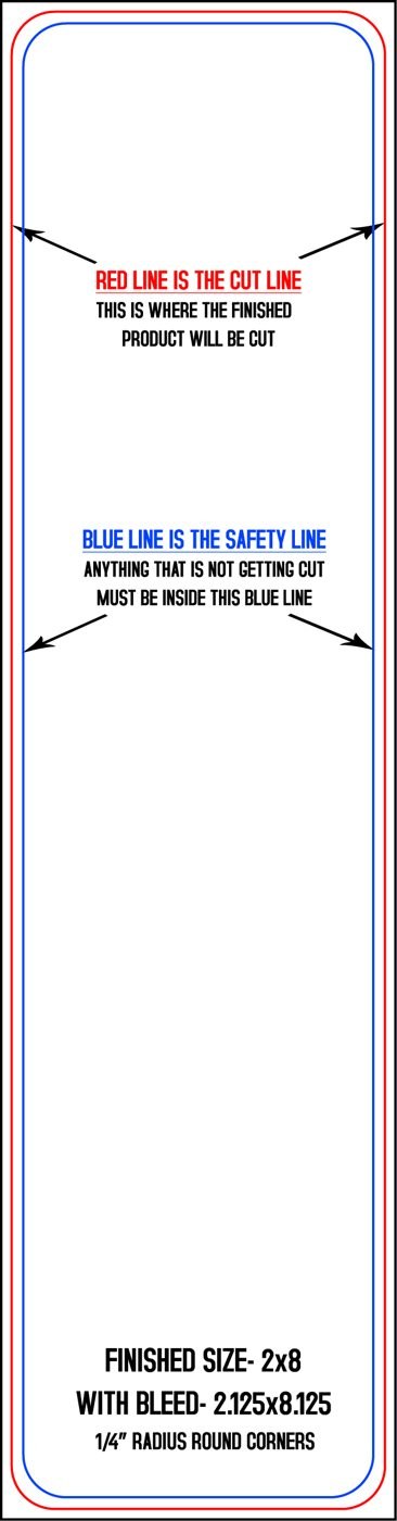 Postcards 2" x 8" 1/4" Radius - (4) Round Corners (Vertical) trim, safety and fold template guide