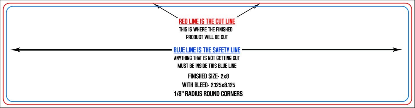 Postcards 2" x 8" 1/8" Radius - (4) Round Corners (Horizontal) trim, safety and fold template guide