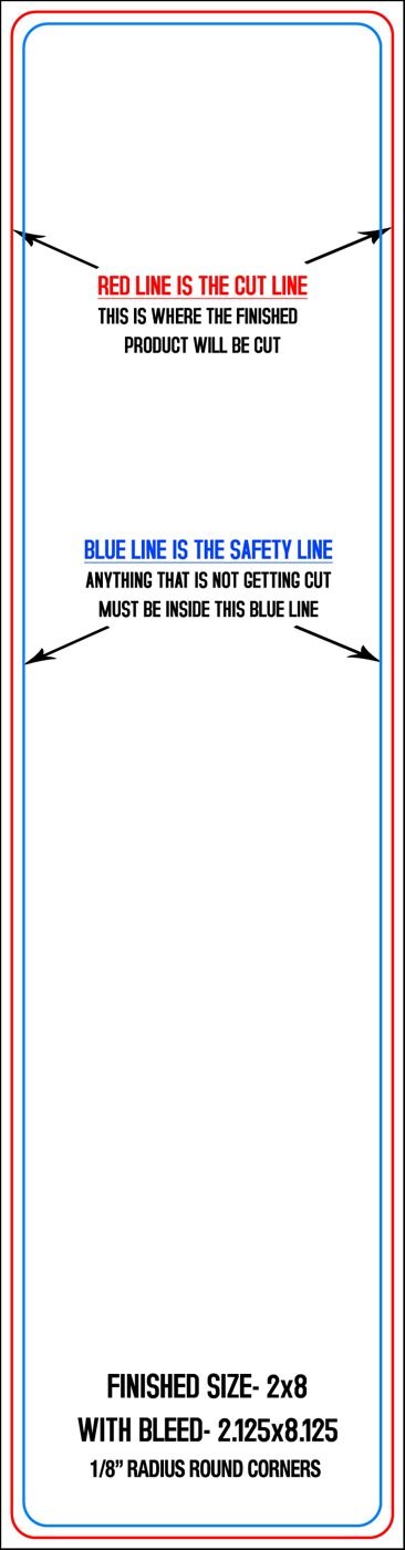 Postcards 2" x 8" 1/8" Radius - (4) Round Corners (Vertical) trim, safety and fold template guide