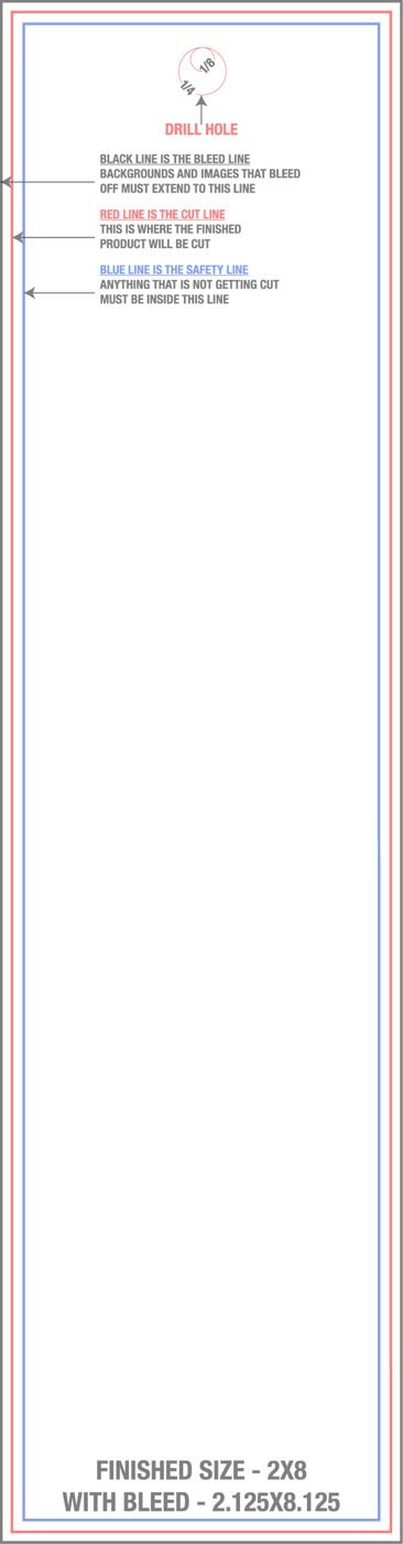 Postcards 2" x 8" With Drill Holes - Vertical trim, safety and fold template guide