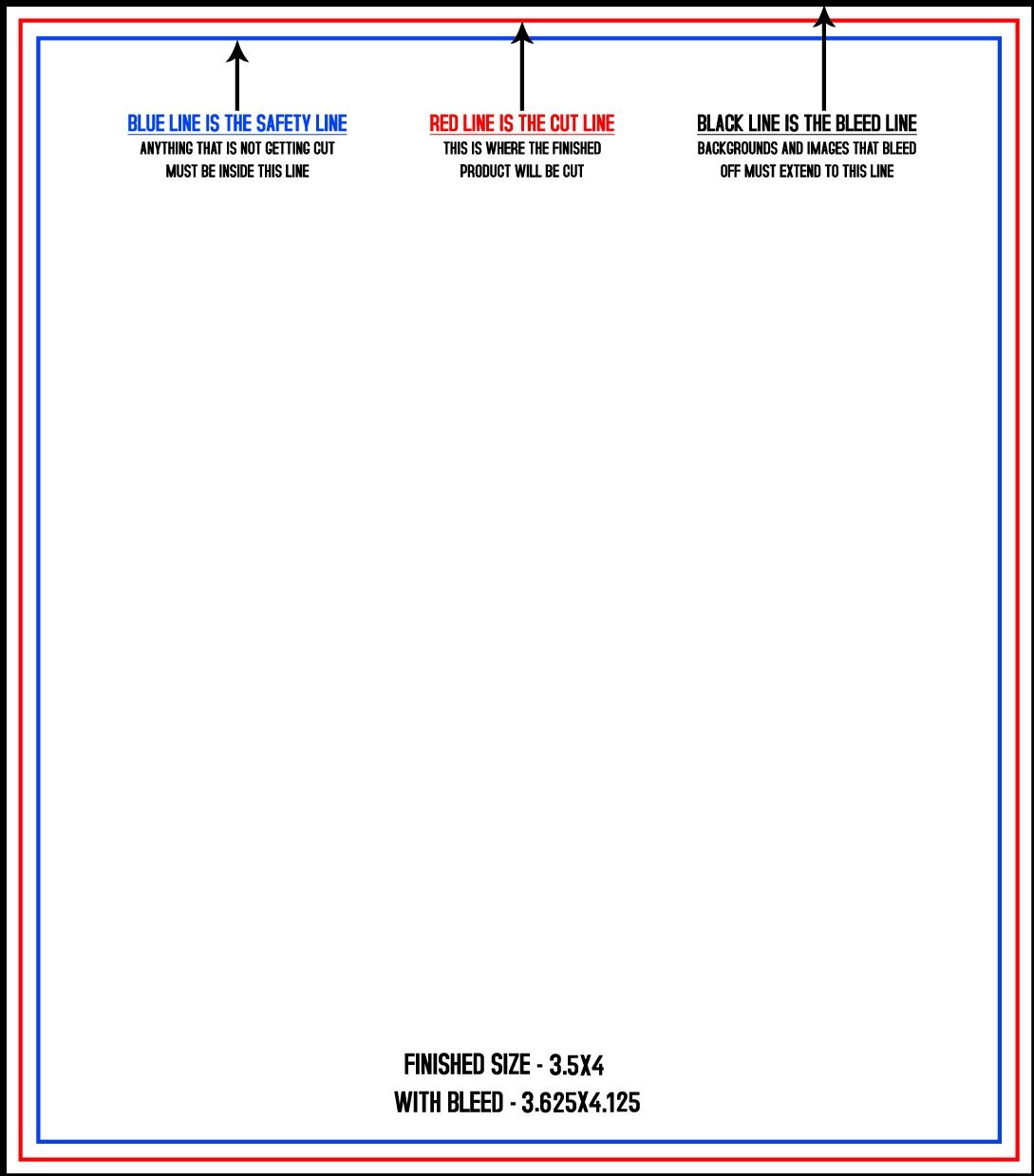 Postcards 3.5" x 4" Vertical trim, safety and fold template guide