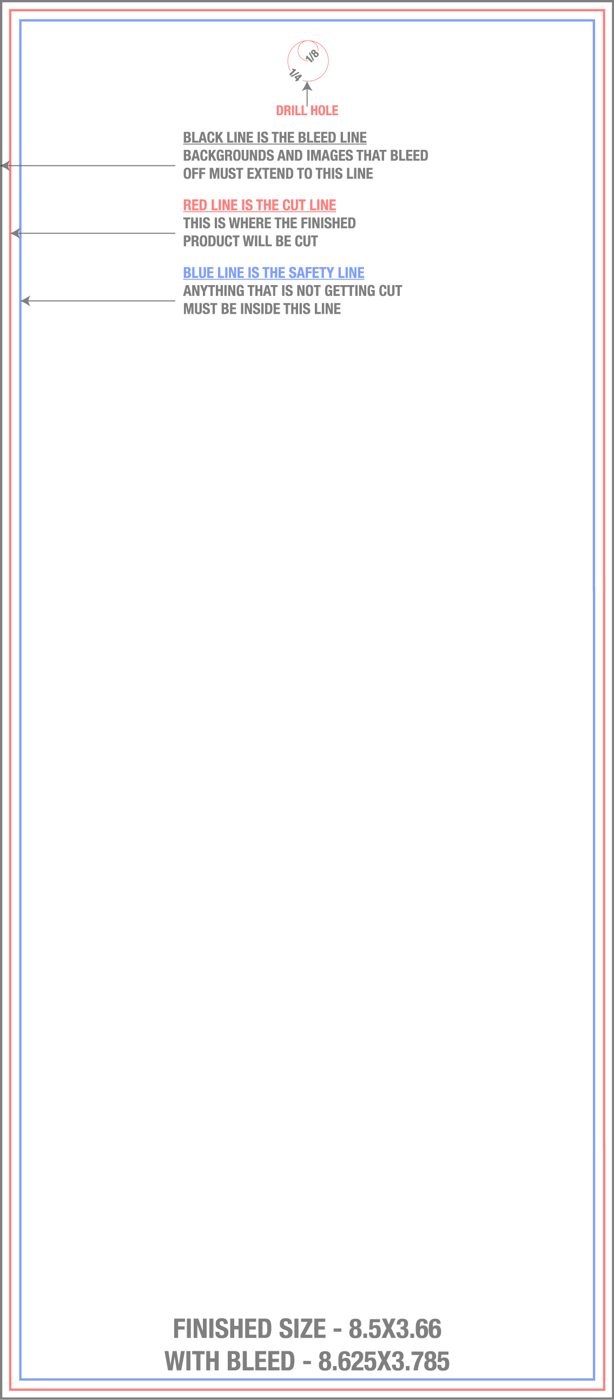 Postcards 3.667" x 8.5" With Drill Holes (Vertical) trim, safety and fold template guide
