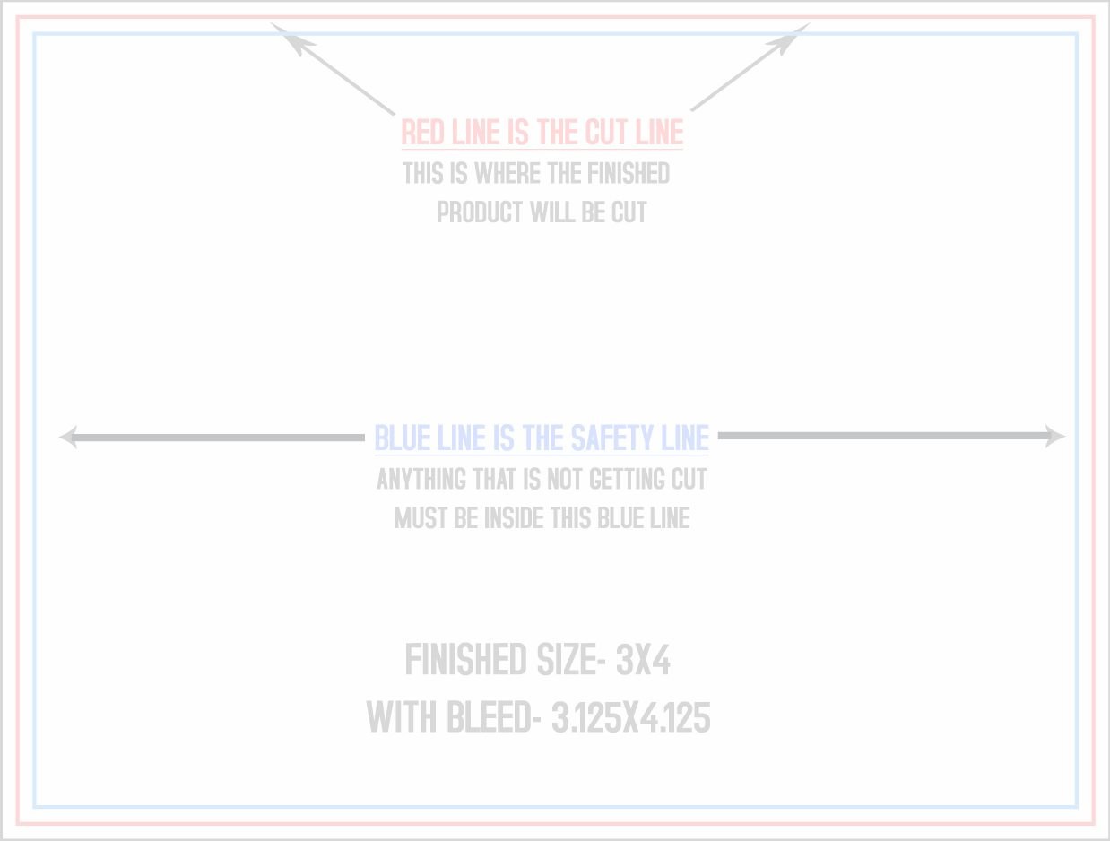 Postcards 3" x 4" Standard (Horizontal) trim, safety and fold template guide