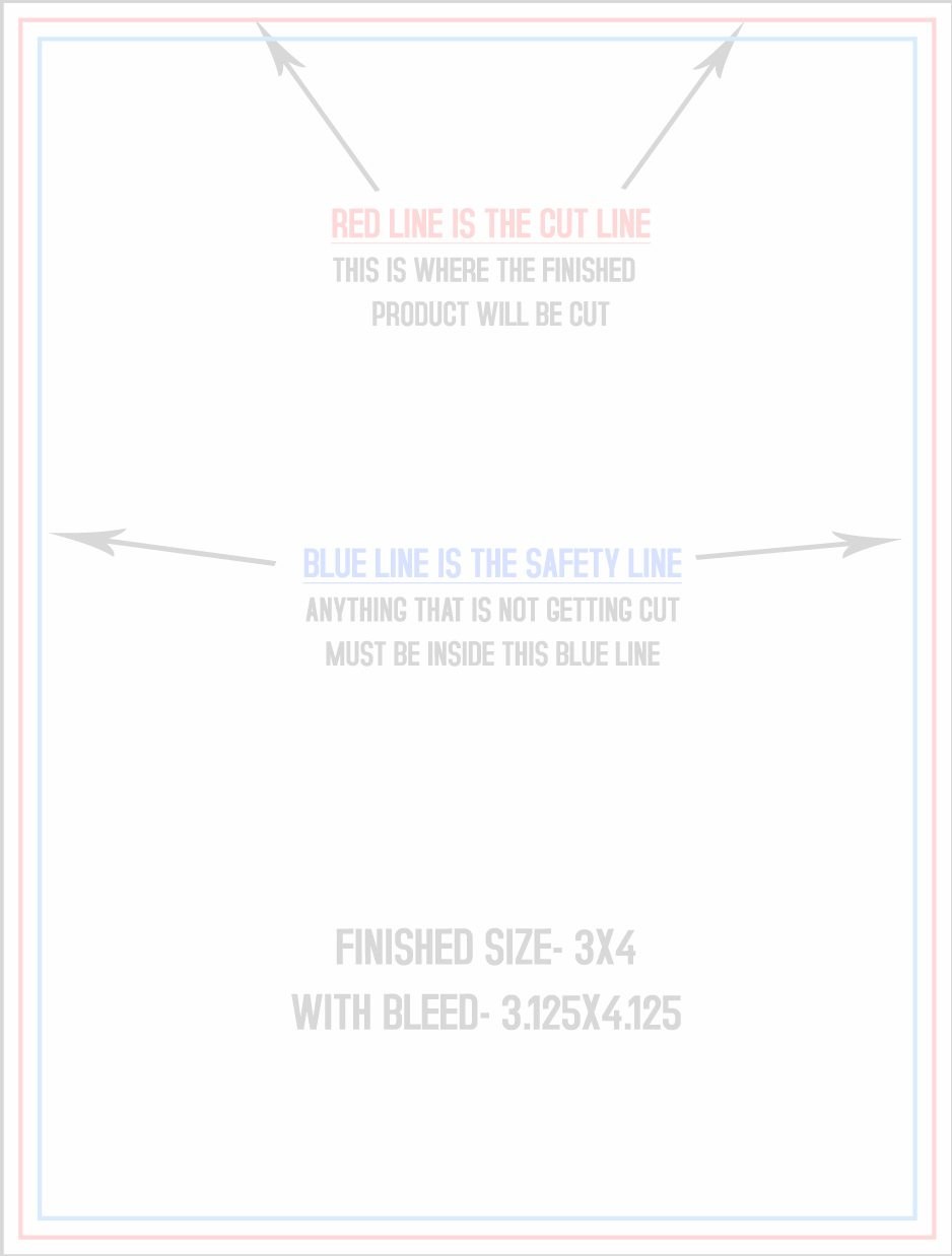 Postcards 3" x 4" Standard (Vertical) trim, safety and fold template guide