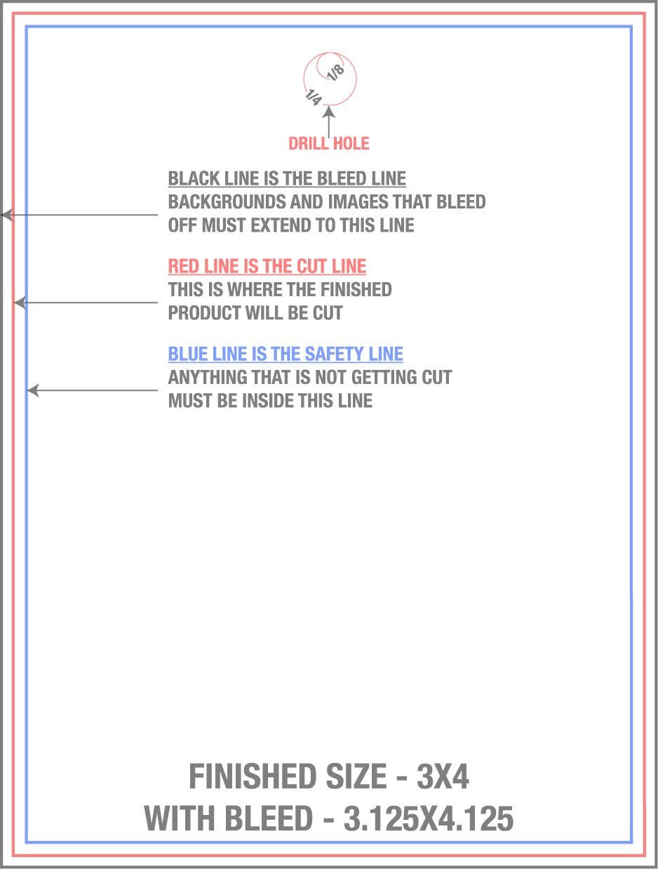 Postcards 3" x 4" With Drill Holes (Vertical) trim, safety and fold template guide