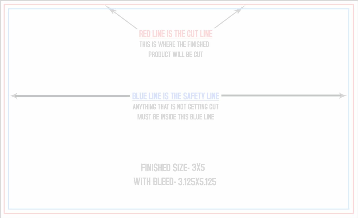 Postcards 3" x 5" Horizontal trim, safety and fold template guide