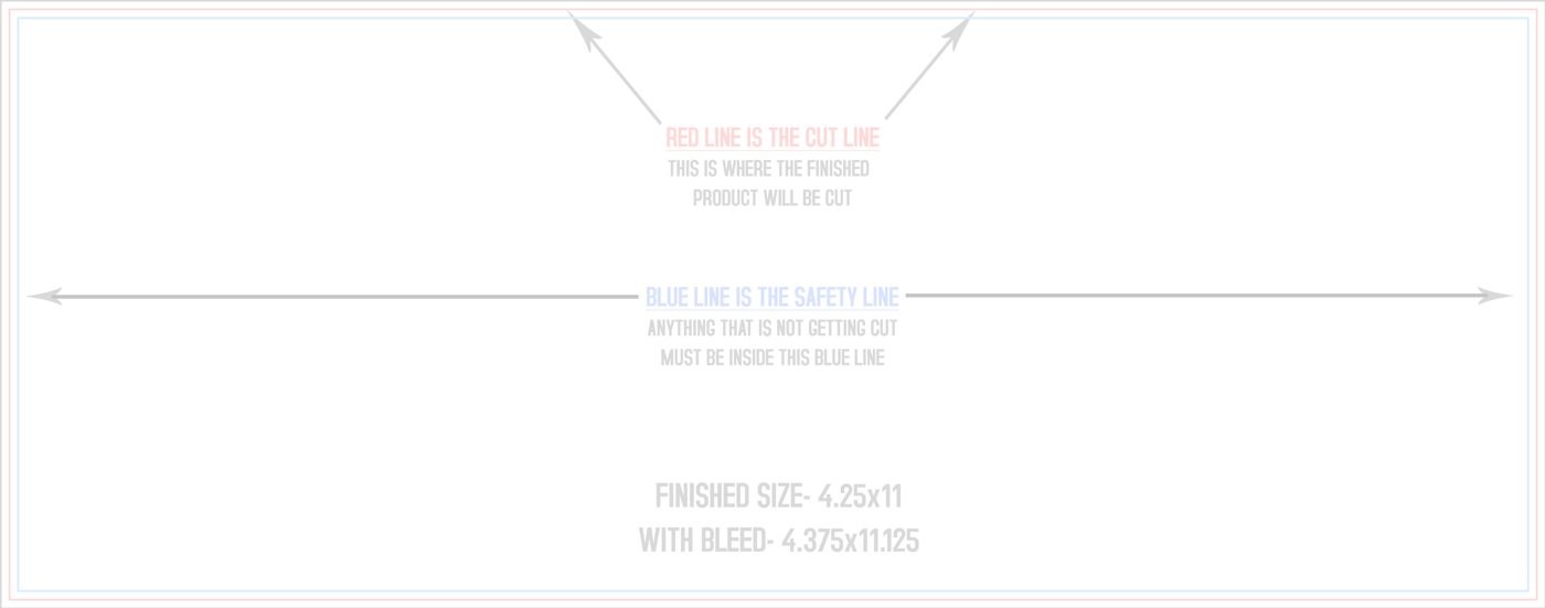Postcards 4.25" x 11" Horizontal trim, safety and fold template guide