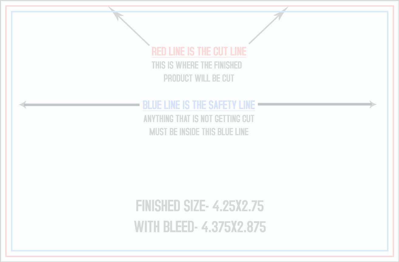 Postcards 4.25" x 2.75" Standard (Horizontal) trim, safety and fold template guide