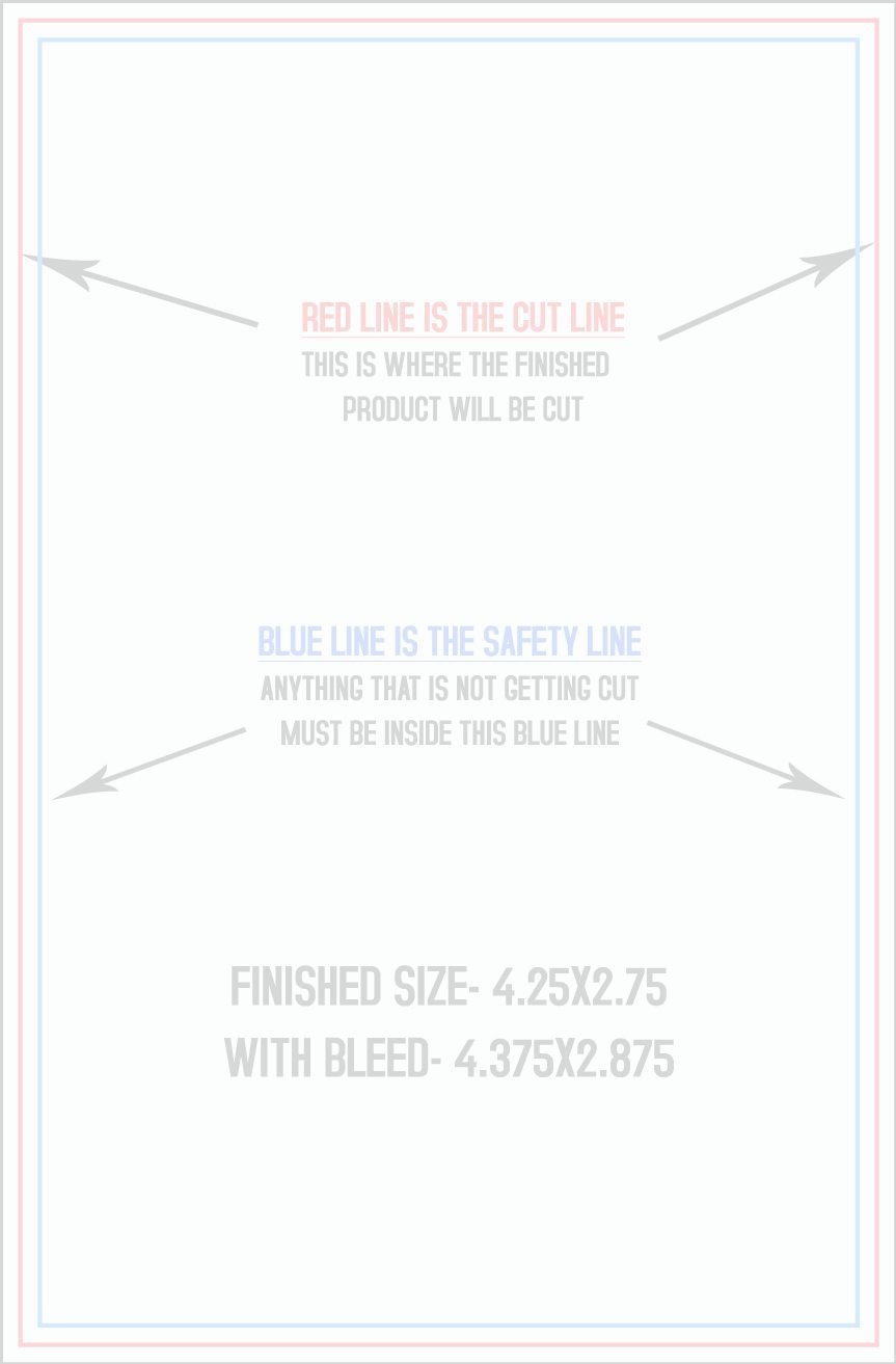 Postcards 4.25" x 2.75" Standard (Vertical) trim, safety and fold template guide