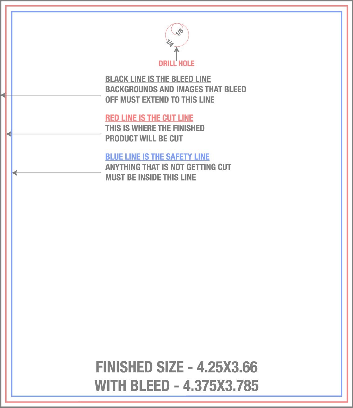 Postcards 4.25" x 3.66" With Drill Holes - Vertical trim, safety and fold template guide