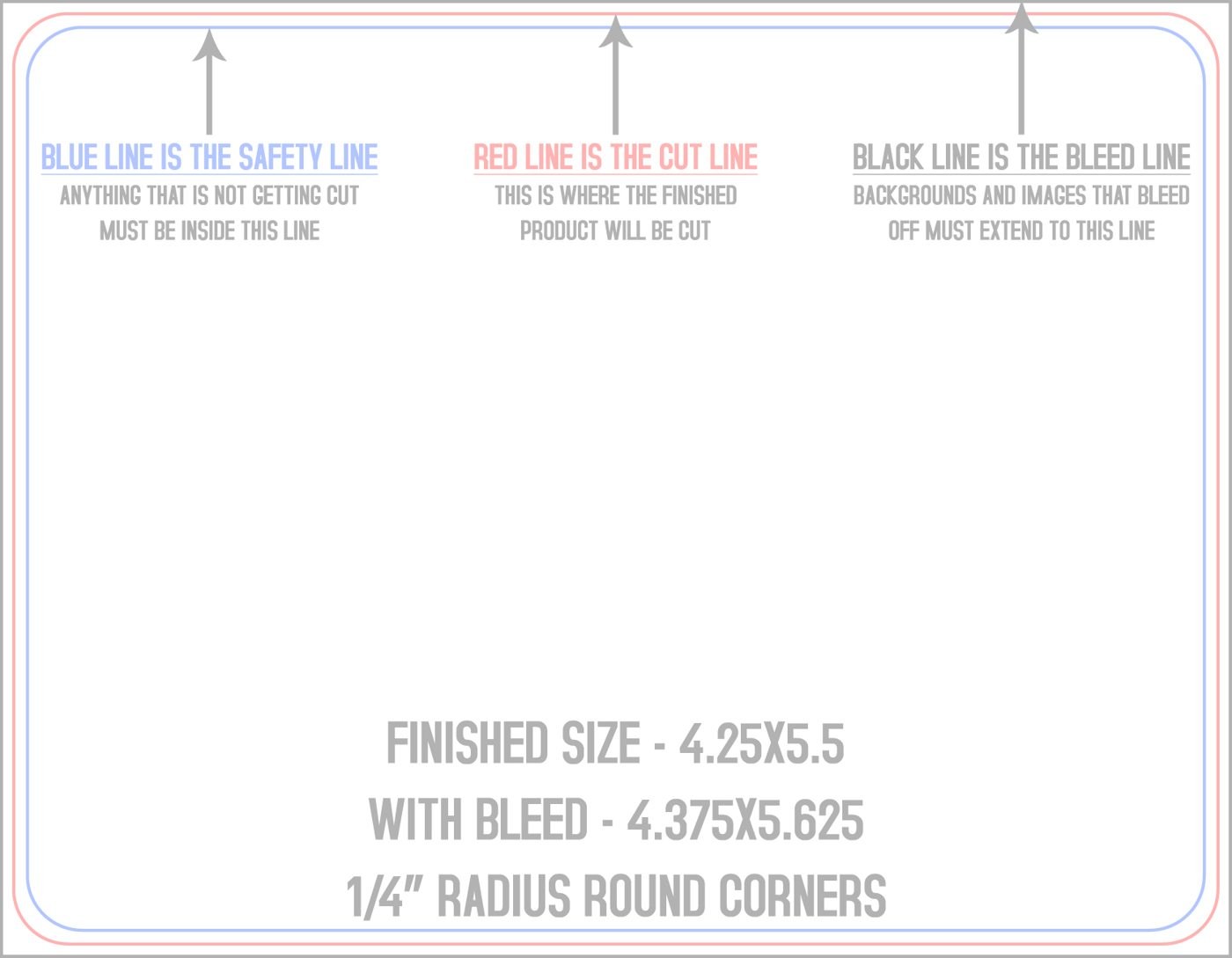 Postcards 4.25" x 5.5" 1/4" - 4 Rounded Corners - Horizontal trim, safety and fold template guide
