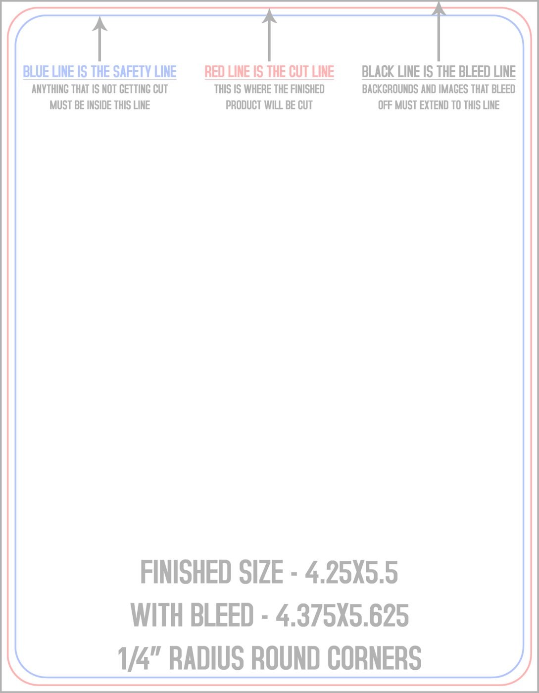 Postcards 4.25" x 5.5" 1/4" - 4 Rounded Corners - Vertical trim, safety and fold template guide