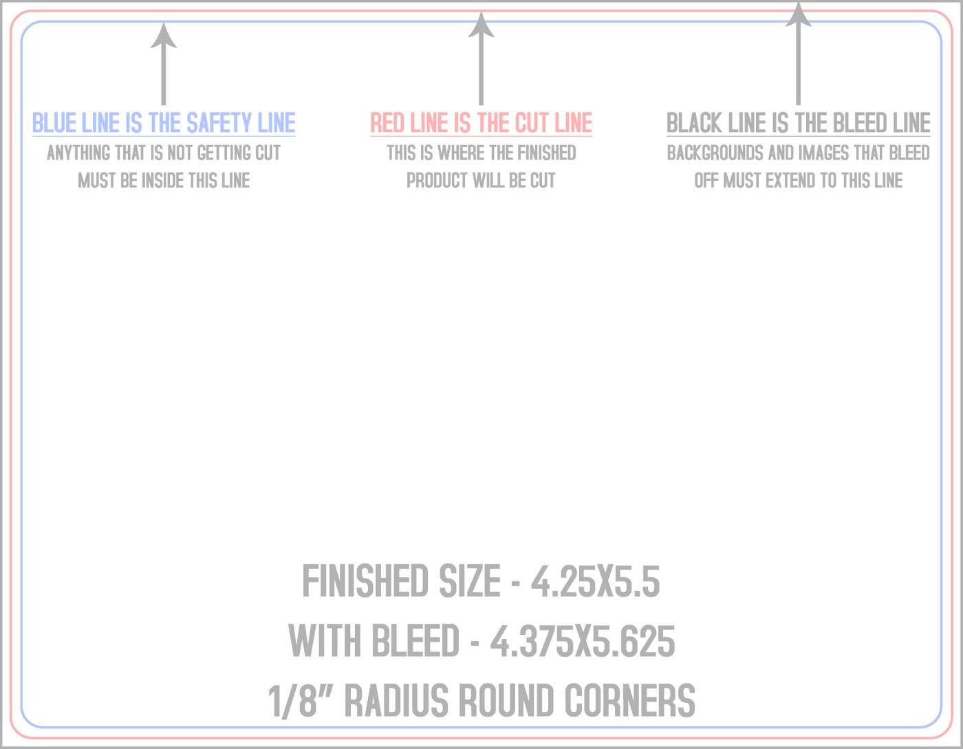 Postcards 4.25" x 5.5" 1/8" - 4 Rounded Corners - Horizontal trim, safety and fold template guide