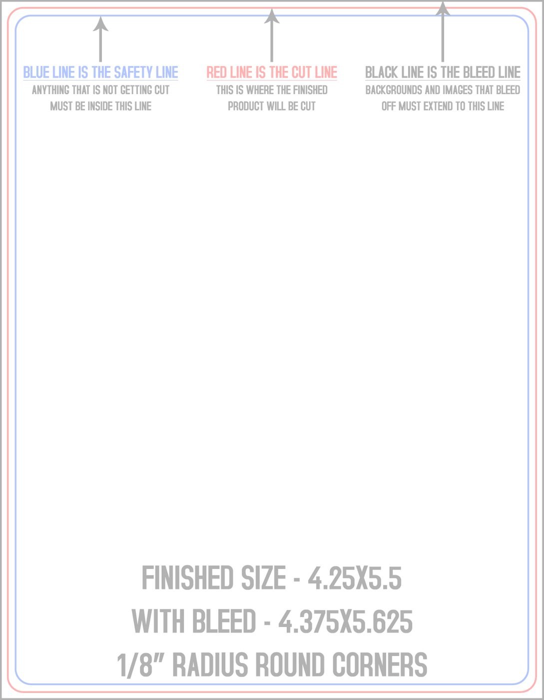 Postcards 4.25" x 5.5" 1/8" - 4 Rounded Corners - Vertical trim, safety and fold template guide