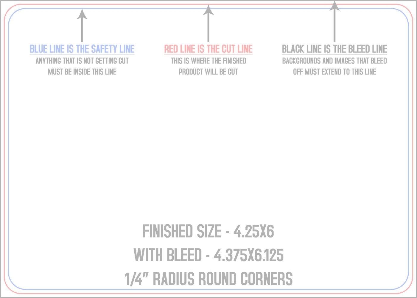 Postcards 4.25" x 6" 1/4" - 4 Rounded Corners - Horizontal trim, safety and fold template guide