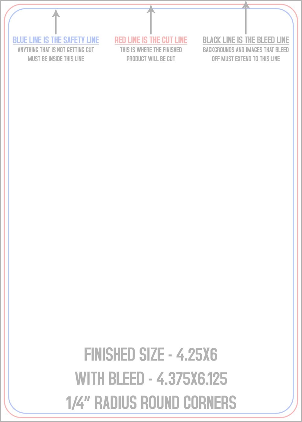 Postcards 4.25" x 6" 1/4" - 4 Rounded Corners - Vertical trim, safety and fold template guide