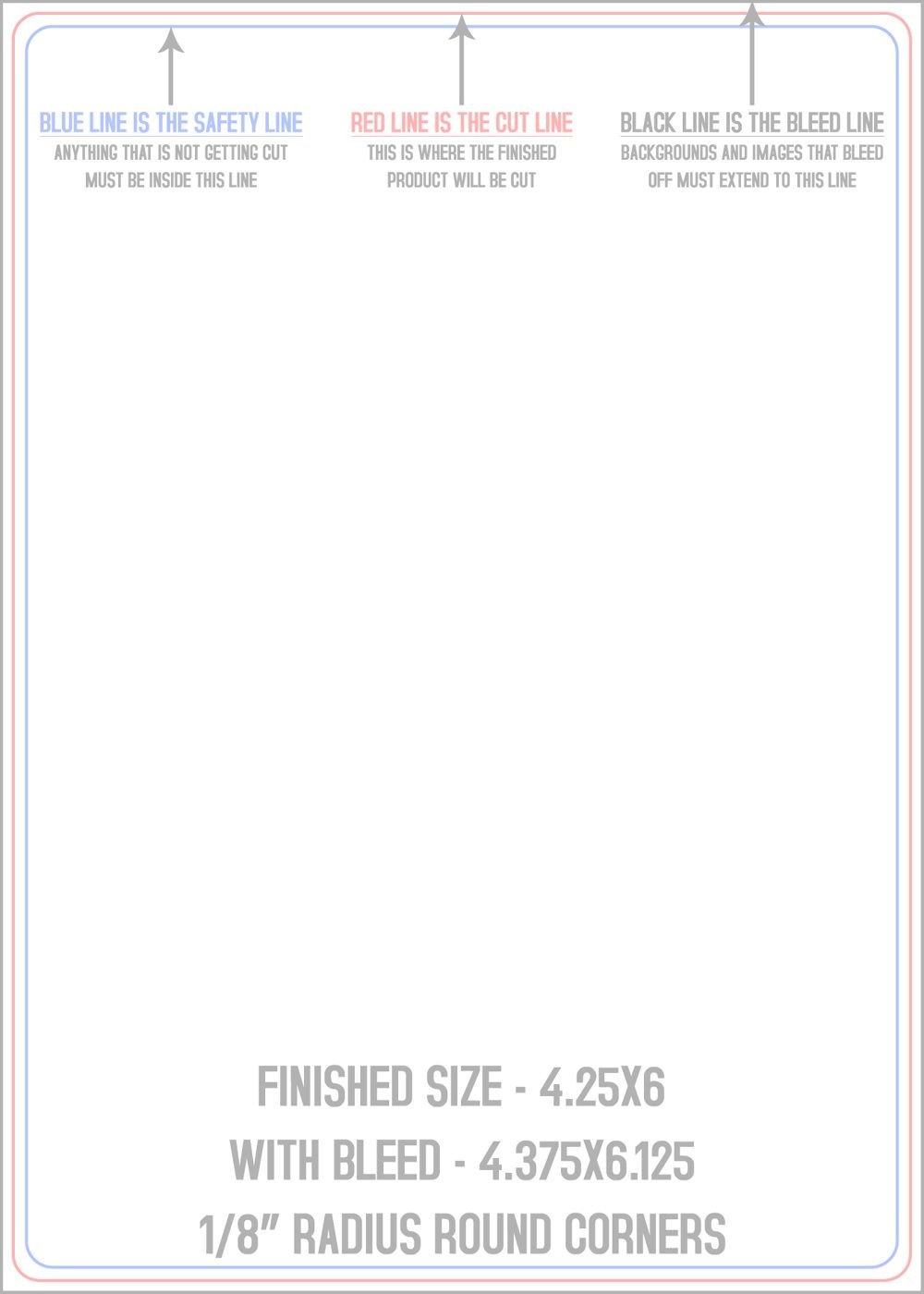 Postcards 4.25" x 6" 1/8" - 4 Rounded Corners - Vertical trim, safety and fold template guide