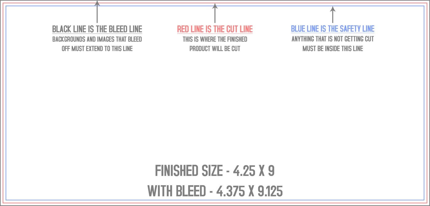 Postcards 4.25" x 9" Horizontal trim, safety and fold template guide