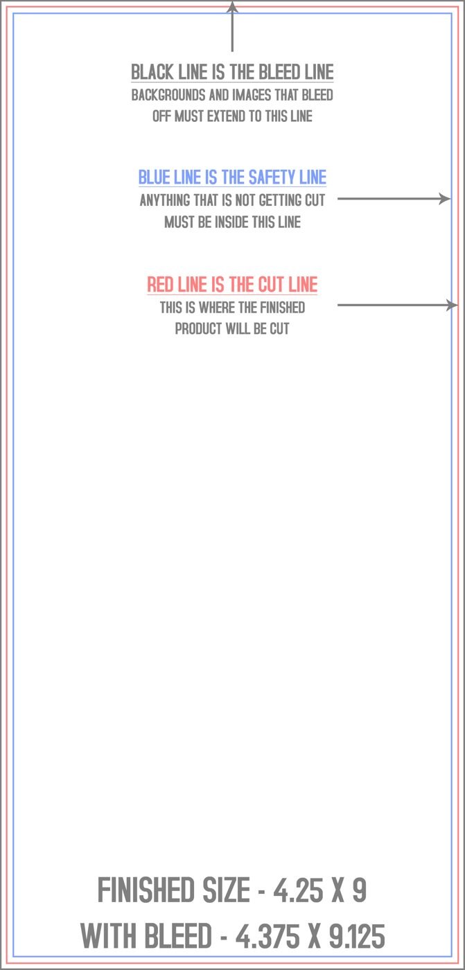 Postcards 4.25" x 9" Vertical trim, safety and fold template guide