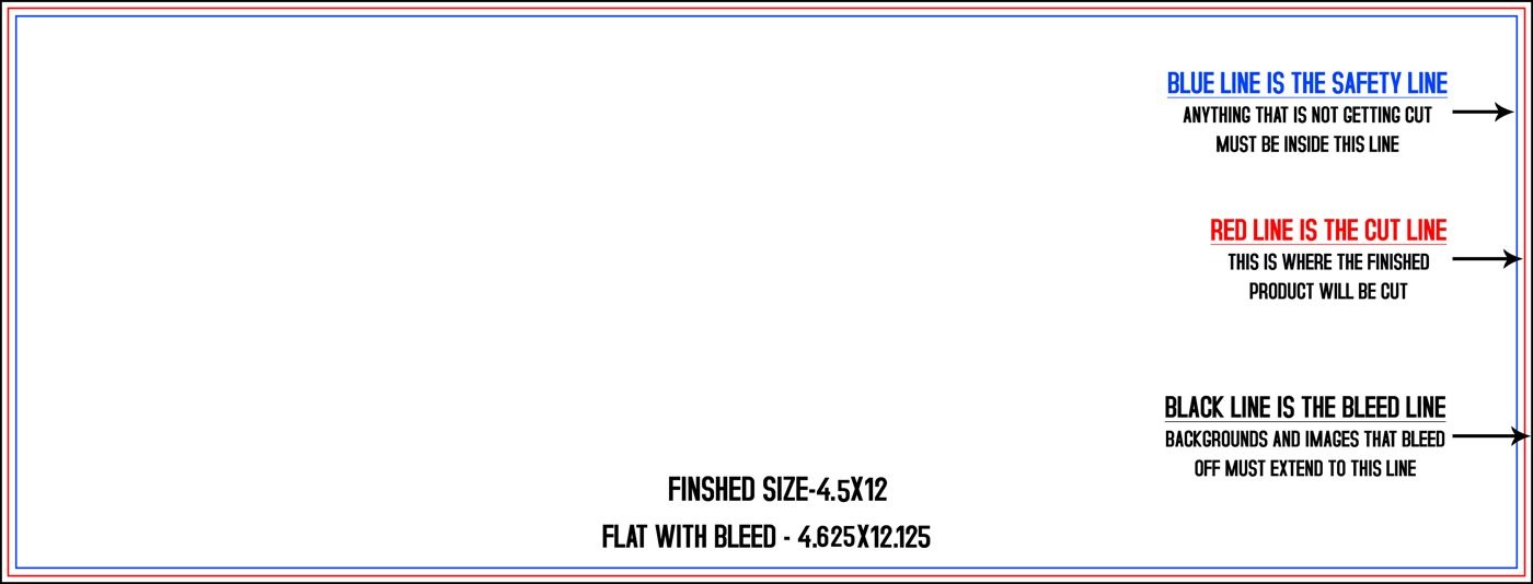 Postcards 4.5" x 12" Horizontal trim, safety and fold template guide