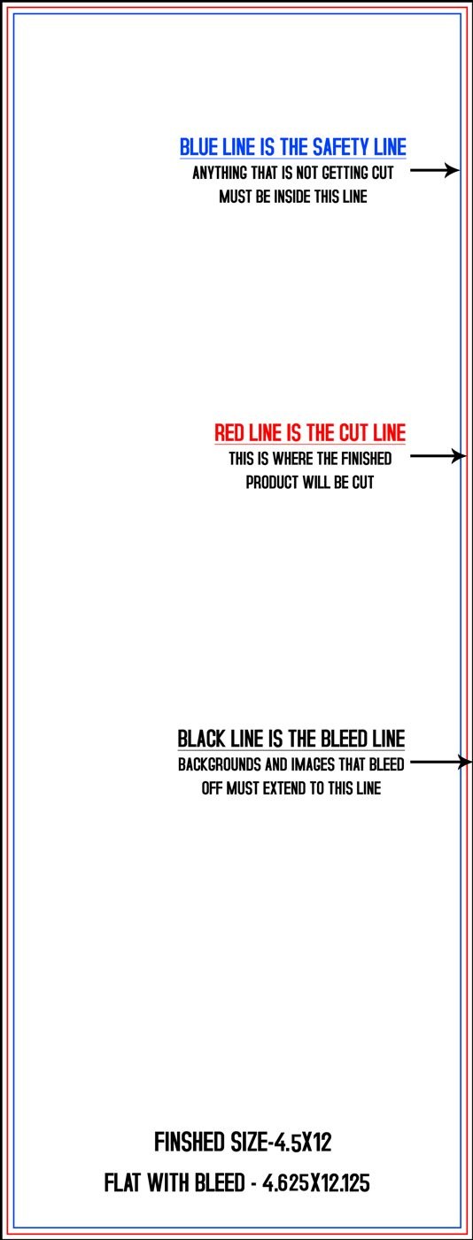 Postcards 4.5" x 12" Vertical trim, safety and fold template guide