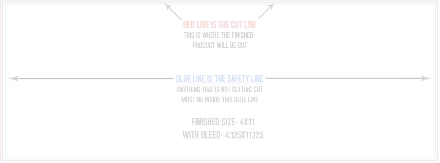 Postcards 4" x 11" Standard (Horizontal) trim, safety and fold template guide