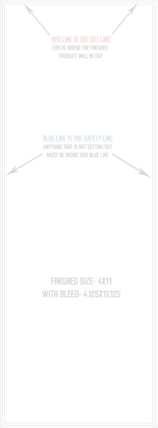 Postcards 4" x 11" Standard (Vertical) trim, safety and fold template guide