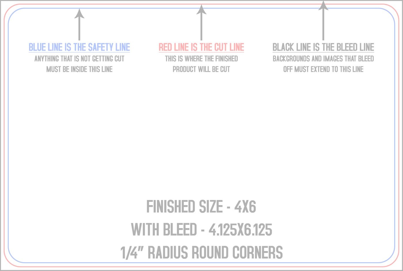 Postcards 4" x 6" 1/4" - 4 Rounded Corners - Horizontal trim, safety and fold template guide