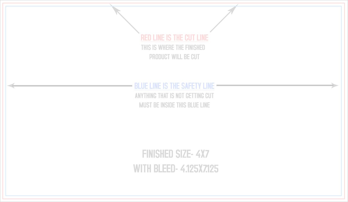 Postcards 4" x 7" Standard (Horizontal) trim, safety and fold template guide