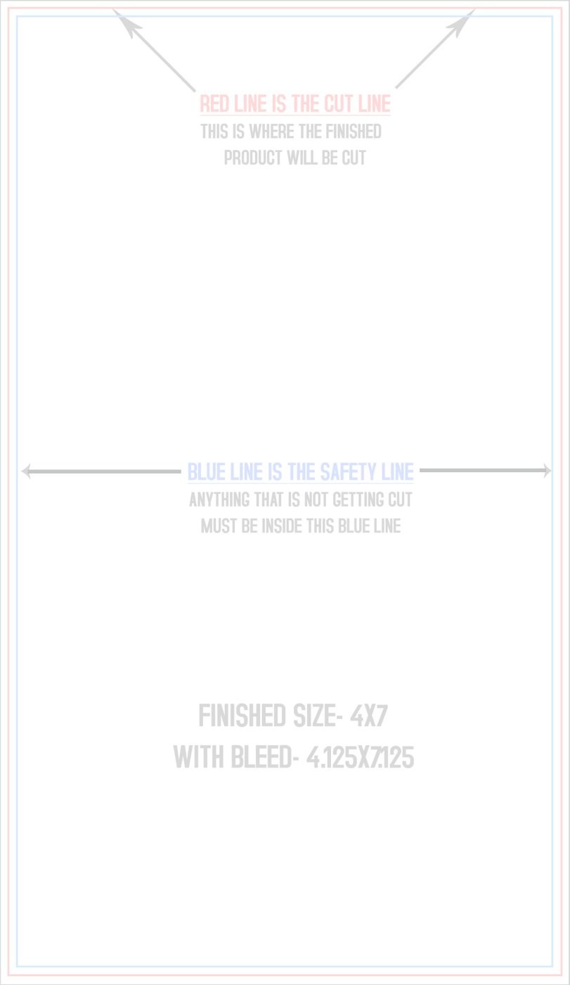 Postcards 4" x 7" Standard (Vertical) trim, safety and fold template guide