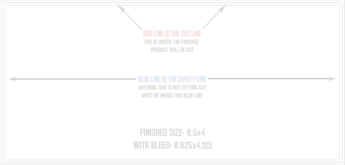 Postcards 4" x 8.5" Horizontal trim, safety and fold template guide