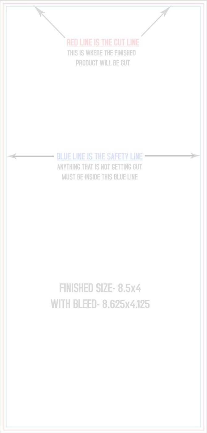 Postcards 4" x 8.5" Vertical trim, safety and fold template guide