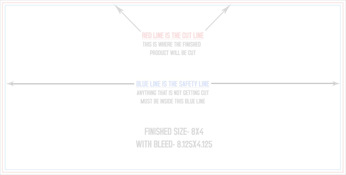 Postcards 4" x 8" Standard (Horizontal) trim, safety and fold template guide