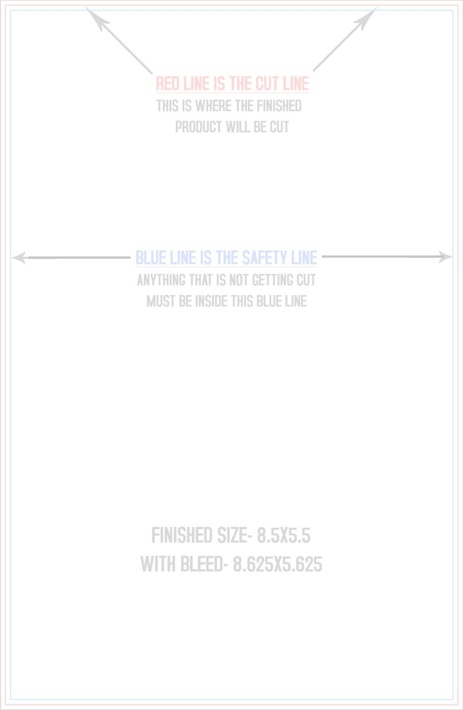 Postcards 5.5" x 8.5" Vertical trim, safety and fold template guide