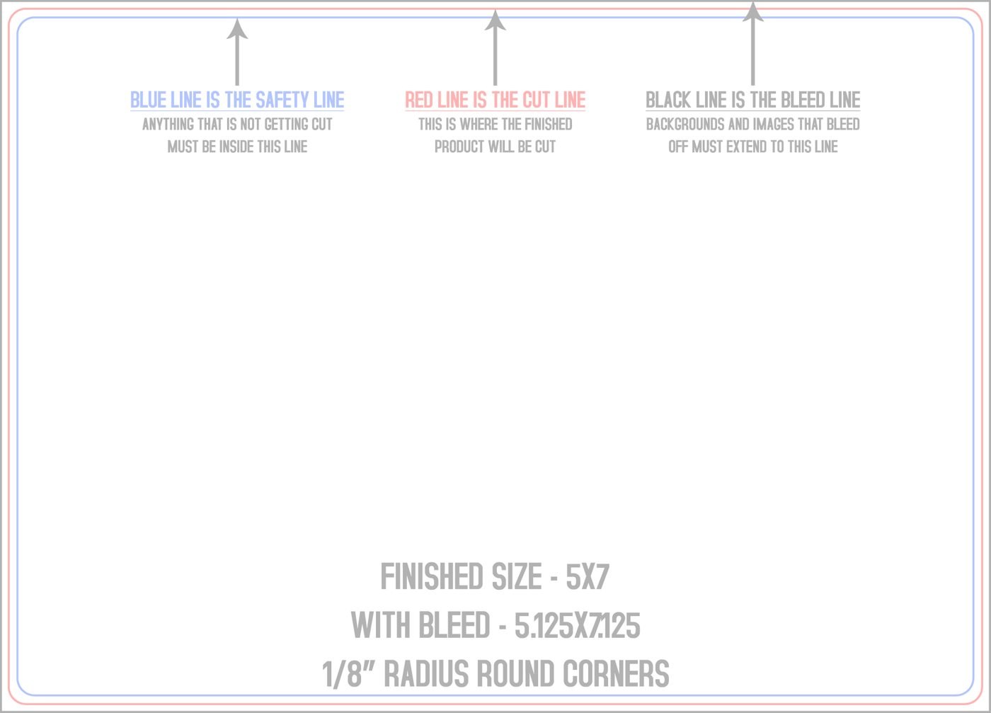 Postcards 5" x 7" 1/8" - 4 Rounded Corners - Horizontal trim, safety and fold template guide