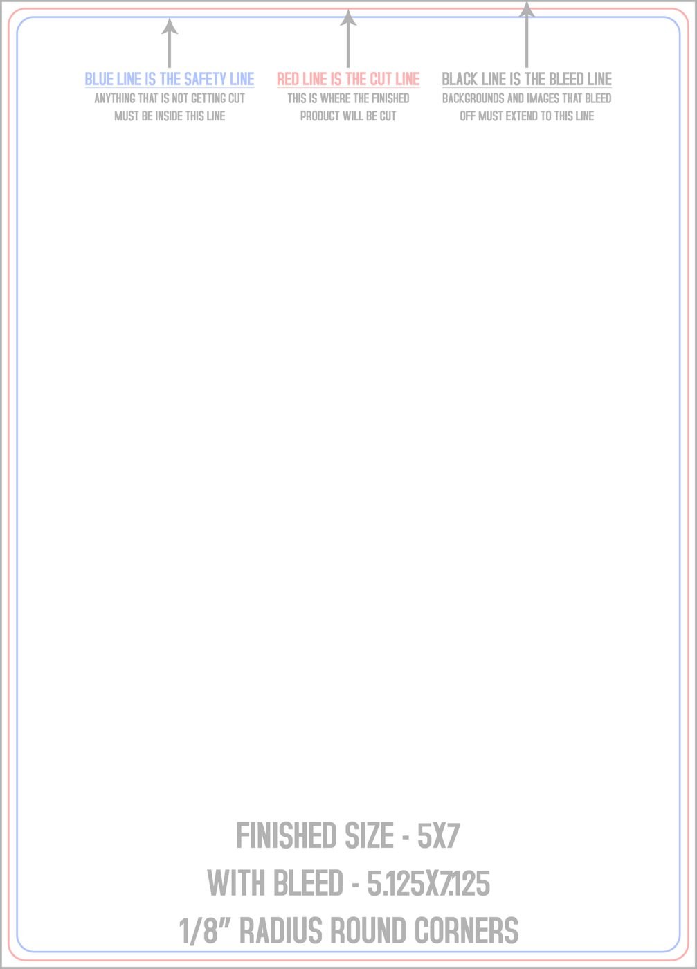 Postcards 5" x 7" 1/8" - 4 Rounded Corners - Vertical trim, safety and fold template guide