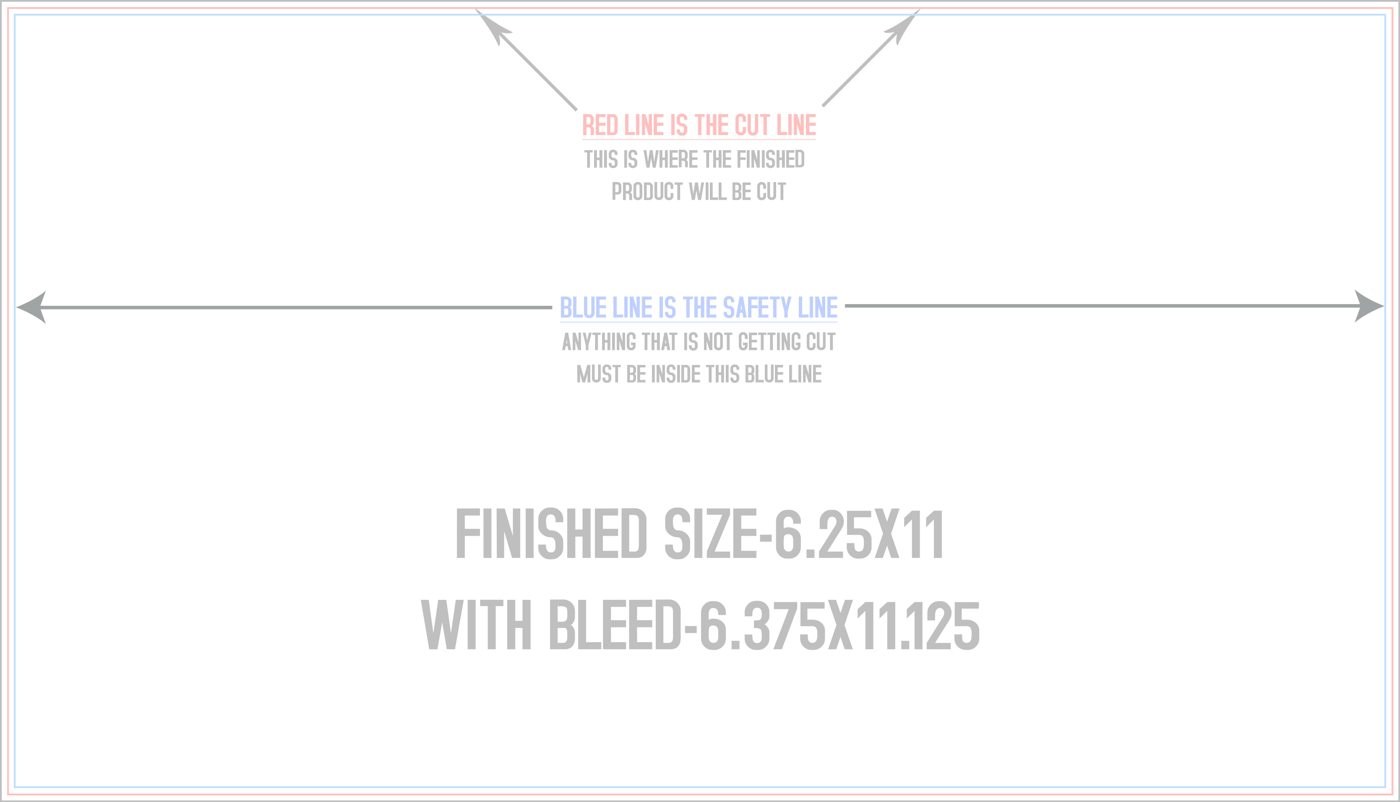 Postcards 6.25" x 11" Horizontal trim, safety and fold template guide