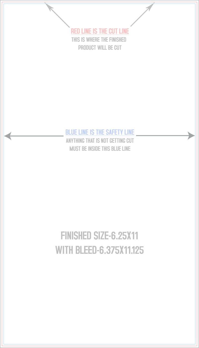 Postcards 6.25" x 11" Vertical trim, safety and fold template guide