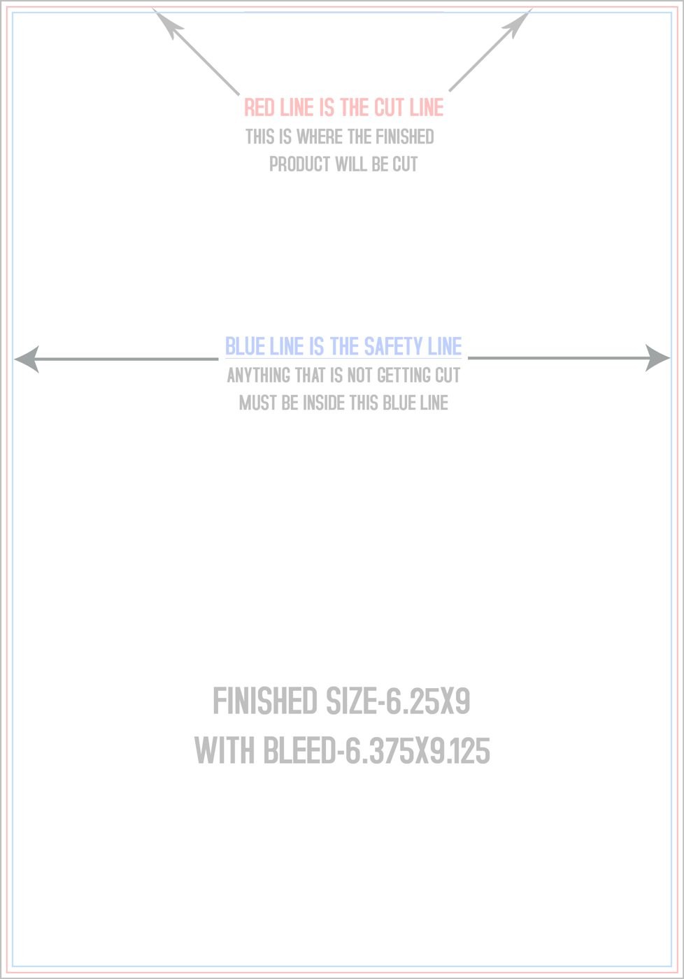 Postcards 6.25" x 9" Vertical trim, safety and fold template guide