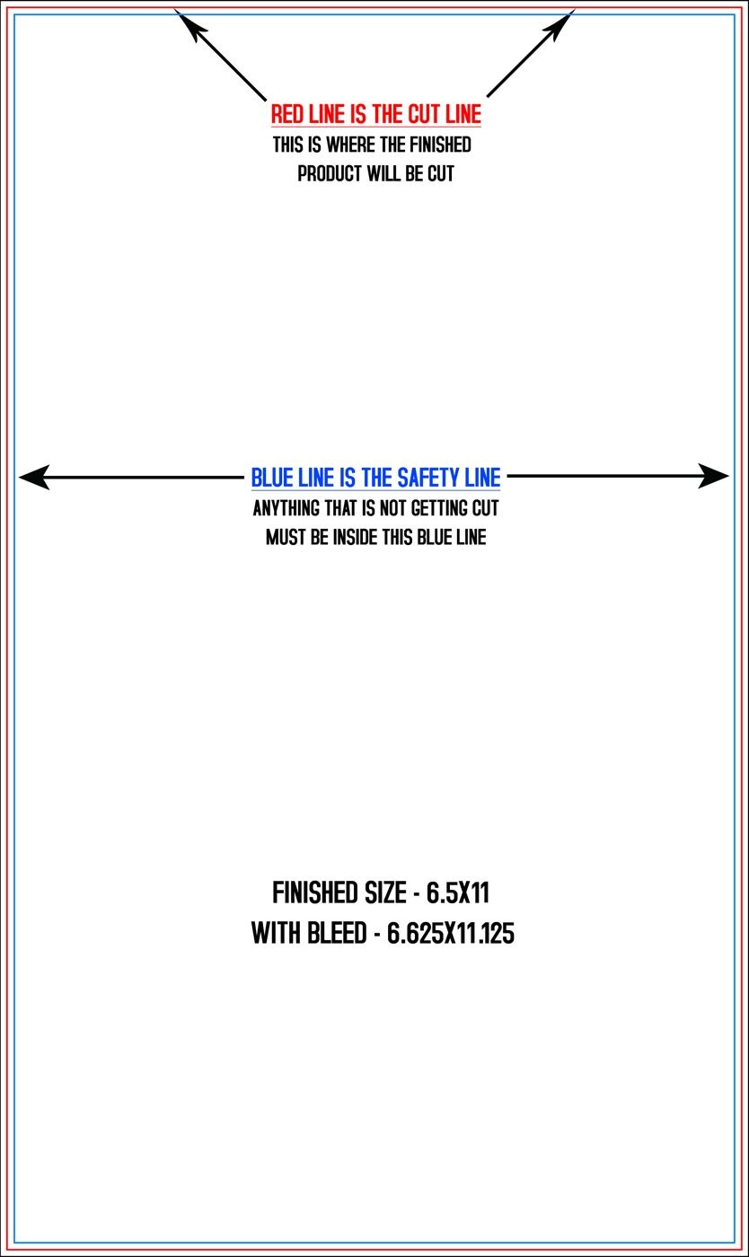 Postcards 6.5" x 11" Vertical trim, safety and fold template guide
